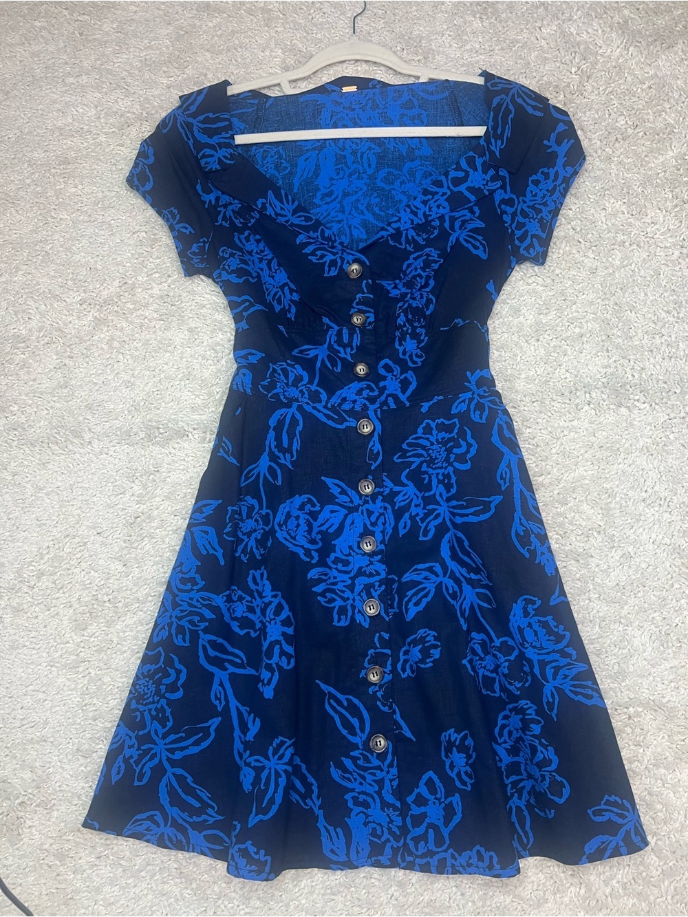Free People Navy and Bright Blue Floral Button-Front Dress
